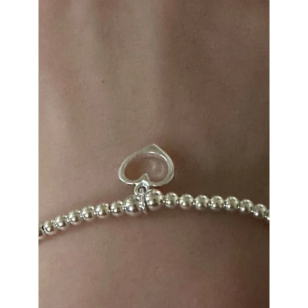 925 Sterling Silver Beaded Stretch Stacking Bracelet Heart Charm Minimalist S7" - Picture 5 of 5